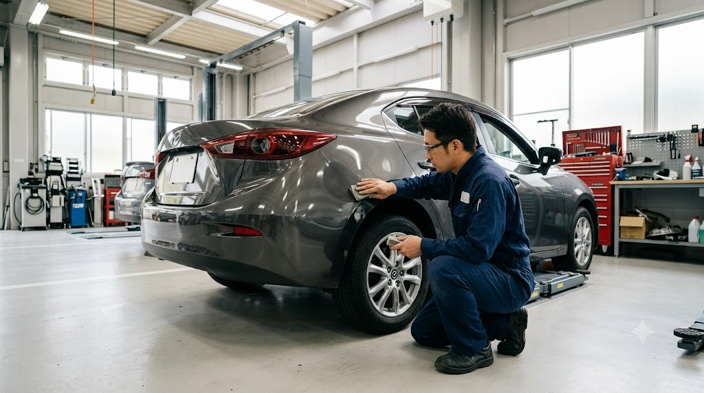 整備工場で車のボディを点検・修理する整備士のイメージ