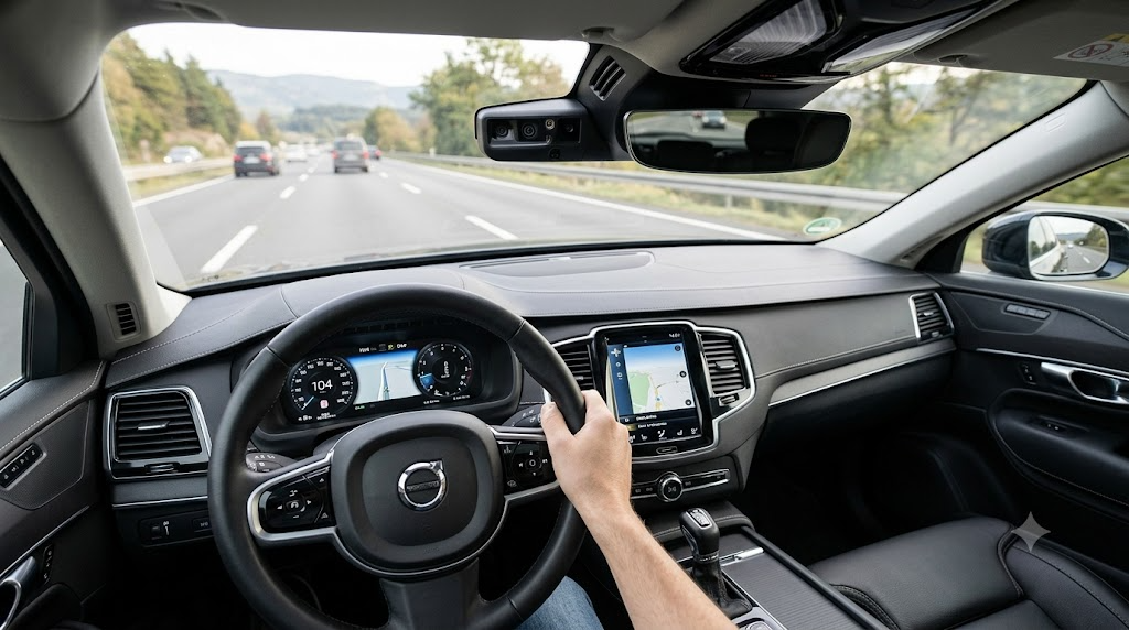 運転支援システムのカメラが付いた現代的な車のフロントガラス周りのイメージ