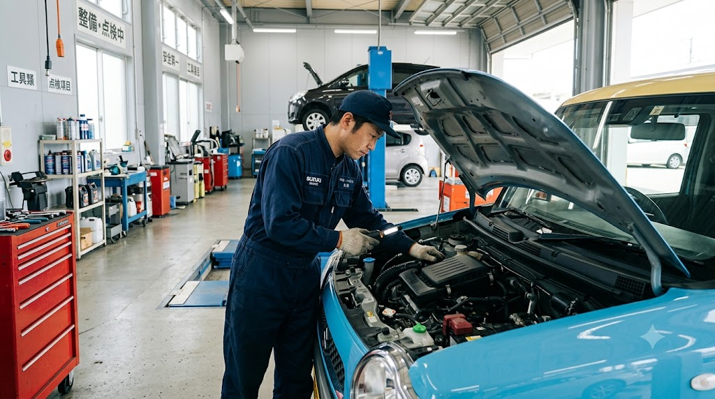 整備工場で軽自動車のエンジンルームを点検する整備士のイメージ