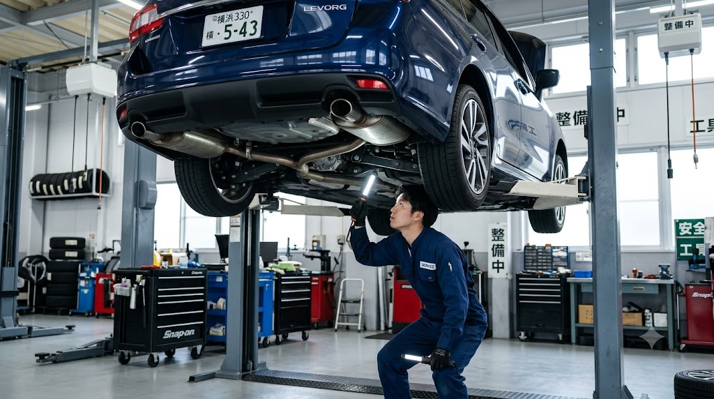 整備工場のリフトで車の下回りを点検するイメージ