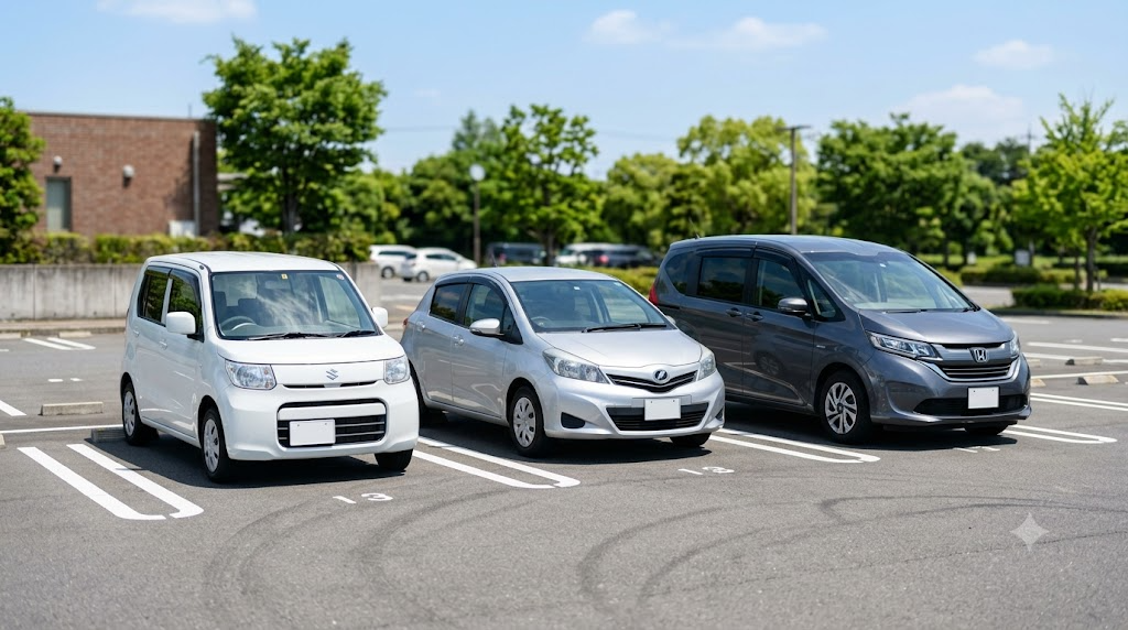 軽自動車・コンパクトカー・ミニバンが並び車体サイズの違いを示すイメージ