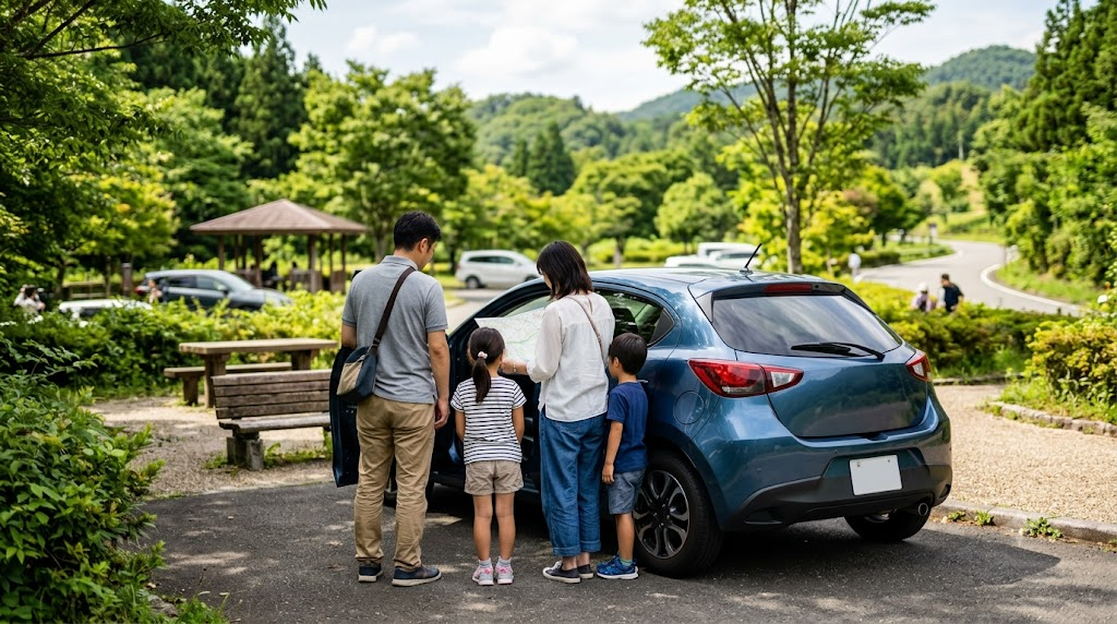 公園でコンパクトカーのそばにドライブの計画を立てる家族のイメージ
