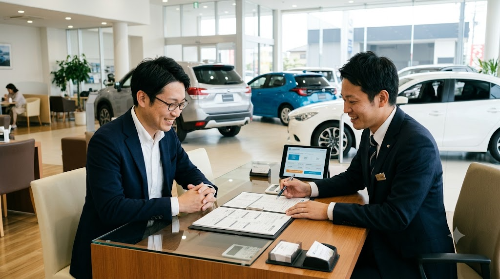 自動車ディーラーでローンの相談をする客のイメージ