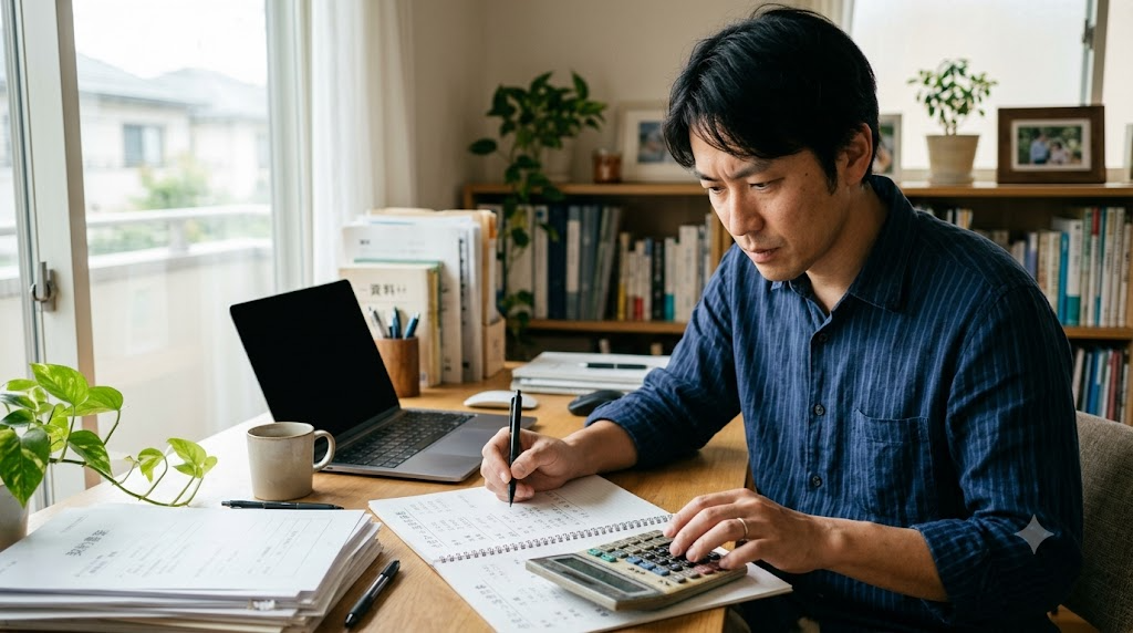 自宅で返済計画を電卓で試算するイメージ