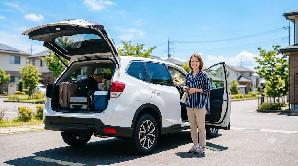納車された車でクルマ旅に出発する人のイメージ