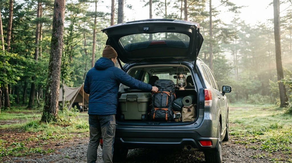 キャンプ場でSUVの荷室の荷物を整理する人のイメージ