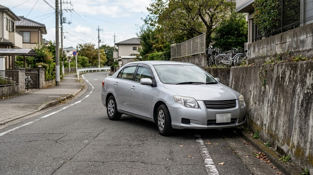 市街地の道路に停まる乗用車のイメージ