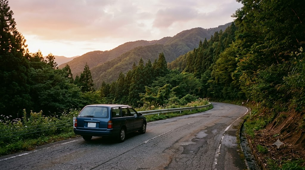 夕暮れの山道に停まる一台の車のイメージ