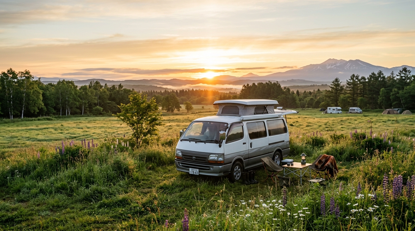 夜明けのRVパークに停まったキャンピングカーと、遠くに広がる北海道の平野が見える朝の風景