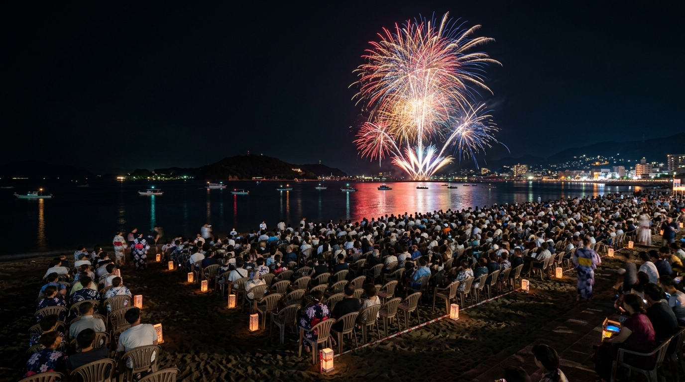 住吉浜の夜、花火応援席が並ぶ様子のイメージ