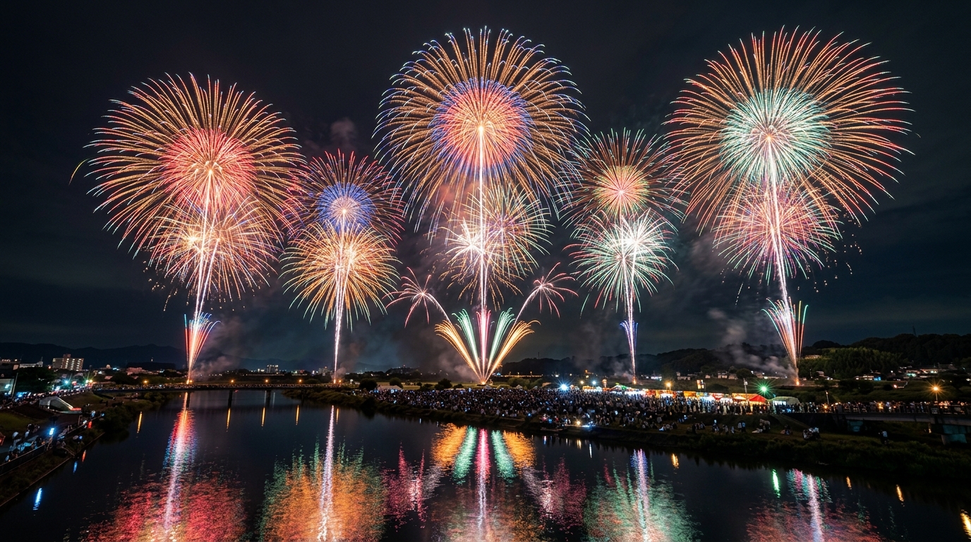 夜空を埋め尽くす大玉の花火が連続して開く、競技大会としての迫力シーン