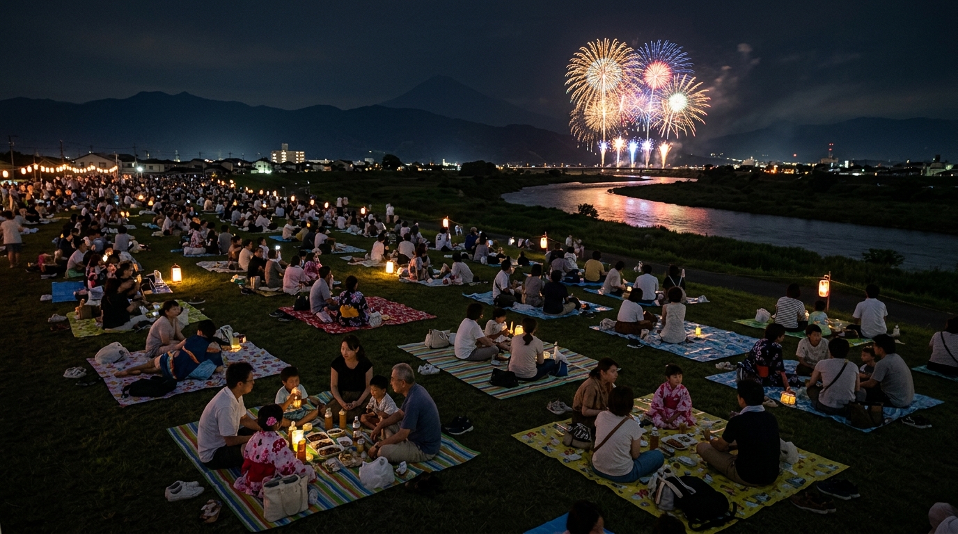 袋井市の河川敷や公園から夜空に上がる花火を眺める穴場観覧シーンのイメージ