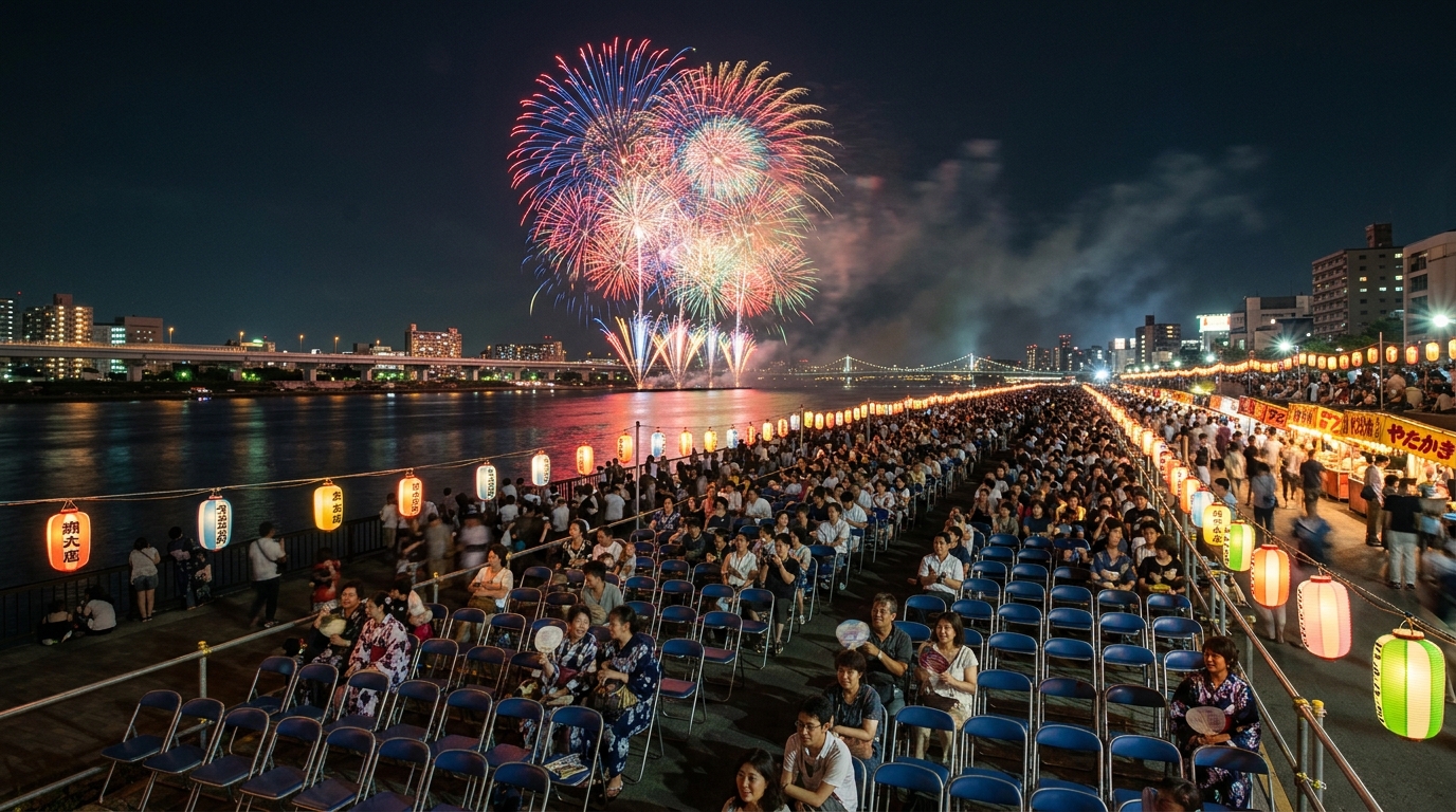 夜の観覧席に人々が並んで花火を見ている様子のイメージ